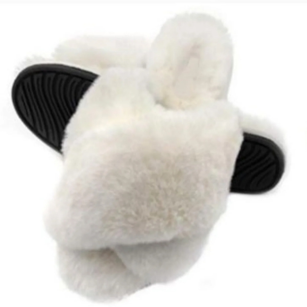 New Plush White Criss cross open toe faux fur bunny slipper slides
